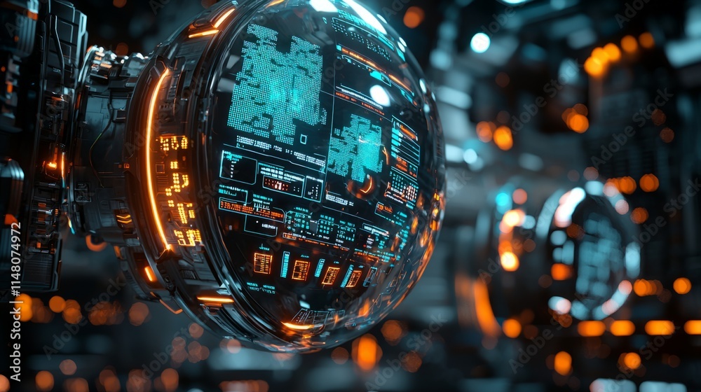 Poster A sophisticated robotic trading system operates within a high-tech setting, displaying vibrant data streams and graphical analyses, indicative of complex market activities