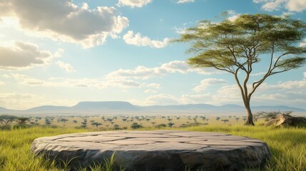 Rough empty stone pedestal with africa savanna background
