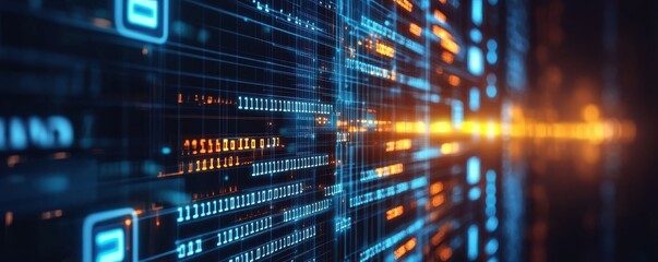 Abstract digital data background with interconnected binary code patterns, futuristic network structure, and glowing technology elements representing information flow and data analytics