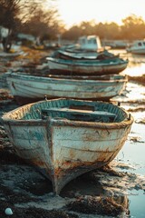 Obraz premium Old fishing boats resting on muddy shore during sunset near a quiet coastal area