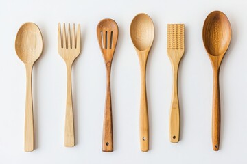 Wooden kitchen utensils including spoons, spatulas, and forks arranged on a white background, ideal for culinary-themed posters and illustrations.


