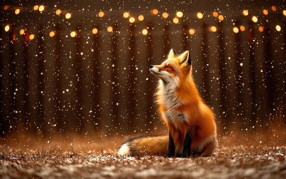 Majestic red fox gazing upwards in a snowfall, illuminated by warm fairy lights.  A captivating winter scene.