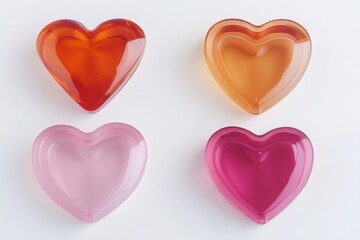 Obraz premium Heart-shaped jellies in vibrant shades of pink, orange, and red arranged on a white background, perfect for Valentine-themed posters and illustrations.