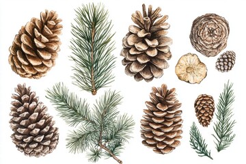 Detailed Illustration of Pine Cones and Pine Branches Showcasing Various Sizes, Textures, and Shapes for Nature-Themed Projects and Educational Purposes