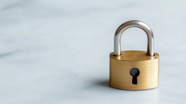 Brass padlock on marble surface; security concept.