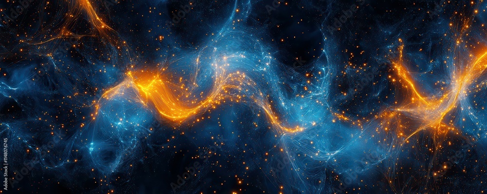 Poster abstract digital network background with glowing connections and data streams in vibrant blue and or