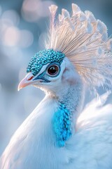 Fototapeta premium Majestic white peacock showcasing its vibrant feathers in a serene outdoor setting