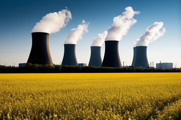 araffes emits from a cooling plant in a field of yellow flowers