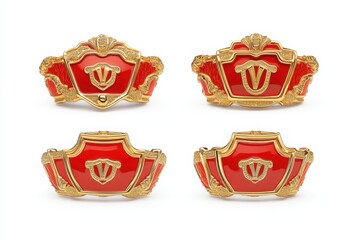 Golden and red VIP emblems with intricate designs, arranged on a white background, ideal for luxury and exclusivity-themed designs.

