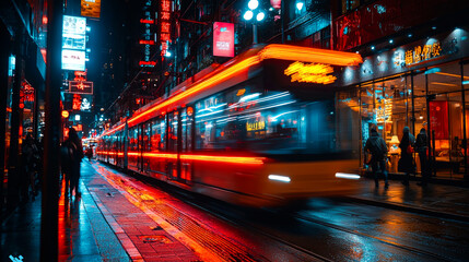 Obraz premium Night tram speeding through vibrant city street.