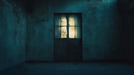A dark, mysterious room with an old wooden door and grungy walls, illuminated by dim light, evoking an eerie and suspenseful atmosphere.