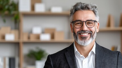 Fototapeta premium A smiling middle-aged businessman with grey hair and beard wears glasses inside a modern office.
