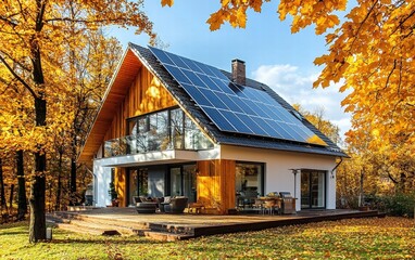 A stylish modern home with solar panels on the roof, surrounded by golden autumn foliage and warm natural light