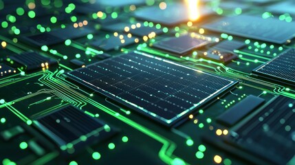Obraz premium Futuristic Green Energy Technology: Solar Panels Integrated into Circuit Board