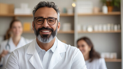 Obraz premium smiling male doctor in white coat, showcasing friendly demeanor in medical office. background features shelves with medical supplies.