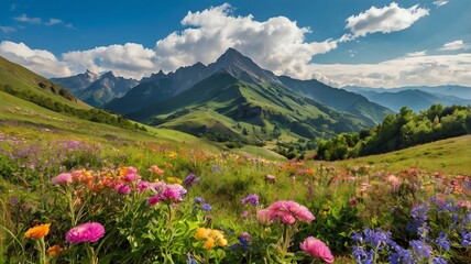 Obraz premium Scenic landscape with mountains, vibrant flowers, and lush greenery under a blue sky with fluffy clouds