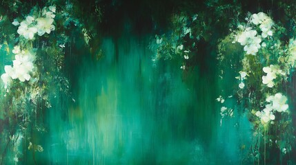 Obraz premium Emerald Garden White Blossoms Cascading Down a Teal Wall