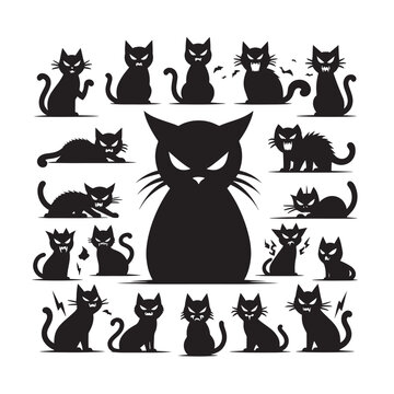 Collection of black cat silhouettes in various poses.