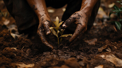 Hands planting young seedling in rich soil during daylight in outdoor setting. 