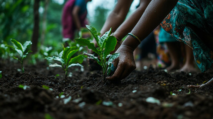 Community members planting seedlings in rich soil during afternoon gardening activity. 