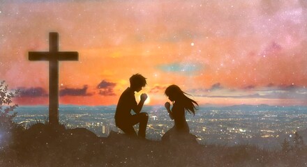 Animated Virtual Backgrounds Couple Praying The Cross Lofi Music Lofi Japanese Manga Anime Style Looping Music Video Background
