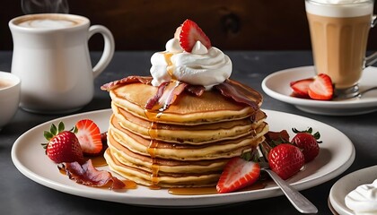 Delicious stack of pancakes with bacon, strawberries, and whipped cream, Generative AI