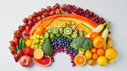 Fresh fruits and veggies arranged in a rainbow spectrum
