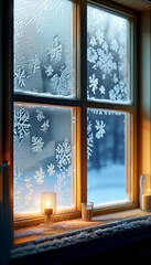 Winter wonderland view through a frosted window with candlelight glow