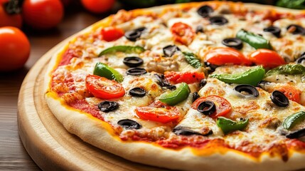 Freshly Baked Pizza Topped with Colorful Vegetables and Black Olives on a Wooden Pizza Board Surrounded by Ingredients Ready for a Delicious Meal