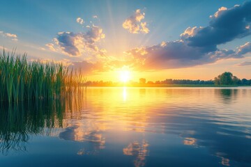 Fototapeta premium Serene Sunset Over Tranquil Lake with Reflection of Colorful Clouds and Lush Green Grass in the Peaceful Evening Sky