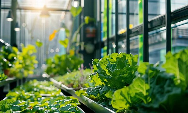 Green lettuce growing in indoor farm with sunlight