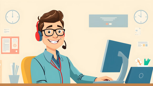 CS or customer service, operators, customer support services. illustration of a male staff who accepts customer calls in a friendly manner. serve with pleasure. work and profession. Generative AI