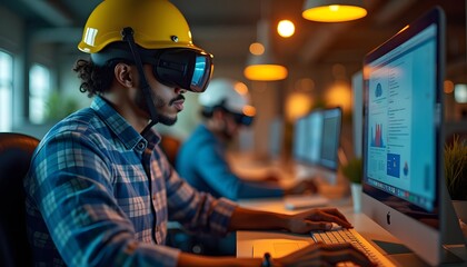 Focused worker in VR headset, utilizing advanced tech for construction planning.  Innovative solutions in action!