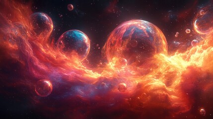 Obraz premium Fiery nebula, planets, and floating bubbles in space.