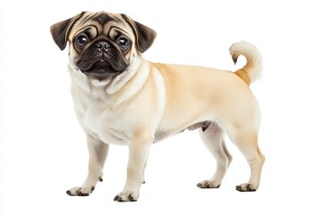 Obraz premium Adorable Pug Dog Standing Proudly Against a White Background, Showcasing Its Playful and Charming Personality with Bright Eyes and Curly Tail