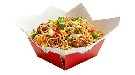 packaged wok noodles for takeaway on a mundane background