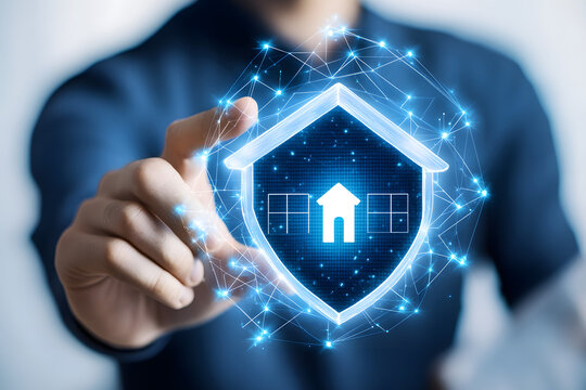 Empresario dibuja a mano el escudo de protecci&oacute;n de seguro de casa con la red de seguridad conectando iconos concepto de seguridad de seguro de propiedad para proteger a la familia