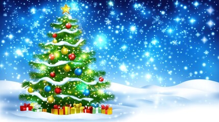 Decorated Christmas tree in snowy landscape.