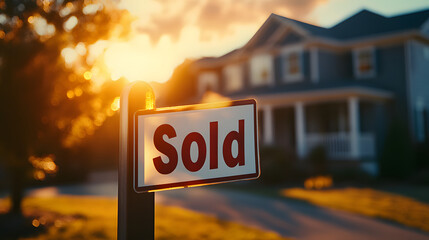 Obraz premium letrero vendido frente a una casa que simboliza una exitosa transacción inmobiliaria con la cálida luz del sol iluminando la escena