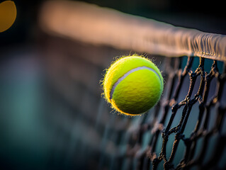 Un primer plano de una pelota de tenis justo antes de que golpee  la red