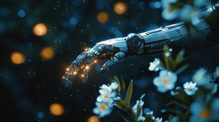 Naklejka premium Cybernetic Hand Reaching for Blossoms: A Futuristic Harmony