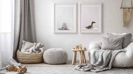 Cozy and Inviting Children's Playroom with Soft Textiles, Fun Decor, and Playful Animal Illustrations on Walls in a Modern Neutral Color Palette