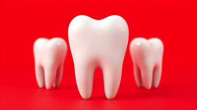 Cute avatar 3D image of high-quality, close-up to a white thooth. the background is a solid, vibrant red with no shadows or additional elements. lighting is centered on the tooth, Generative AI