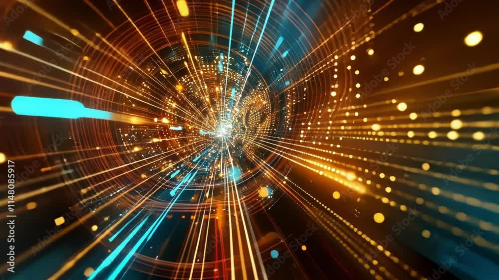 Poster big data streams are converging, forming a digital tunnel with glowing particles and lines of light,