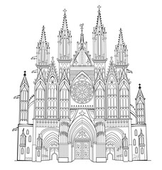 Fototapeta premium Drawing of ancient gothic cathedral. Black and white page for kids coloring book. Fantasy castle with stained glass windows and rose. Medieval architecture in France. Hand drawn vector illustration.