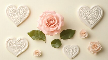 Flat lay of pink roses and decorative hearts on a beige background.