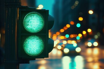 Green traffic light signals vehicles to proceed along a busy urban street at dusk, creating a vibrant atmosphere with blurred city lights and movement