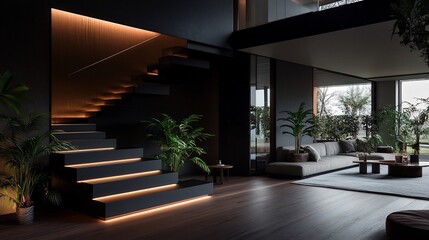 Fototapeta premium Modern Dark Home Interior with Illuminated Staircase and Lush Greenery