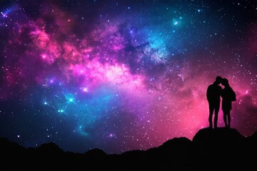 Fototapeta premium Couple embracing under a colorful galaxy at night in a serene outdoor setting