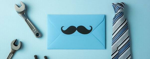 Stylish flat lay of a blue envelope, mustache cut-out, tools, and a striped tie on a pale blue surface perfect for Father's Day or masculine birthday theme